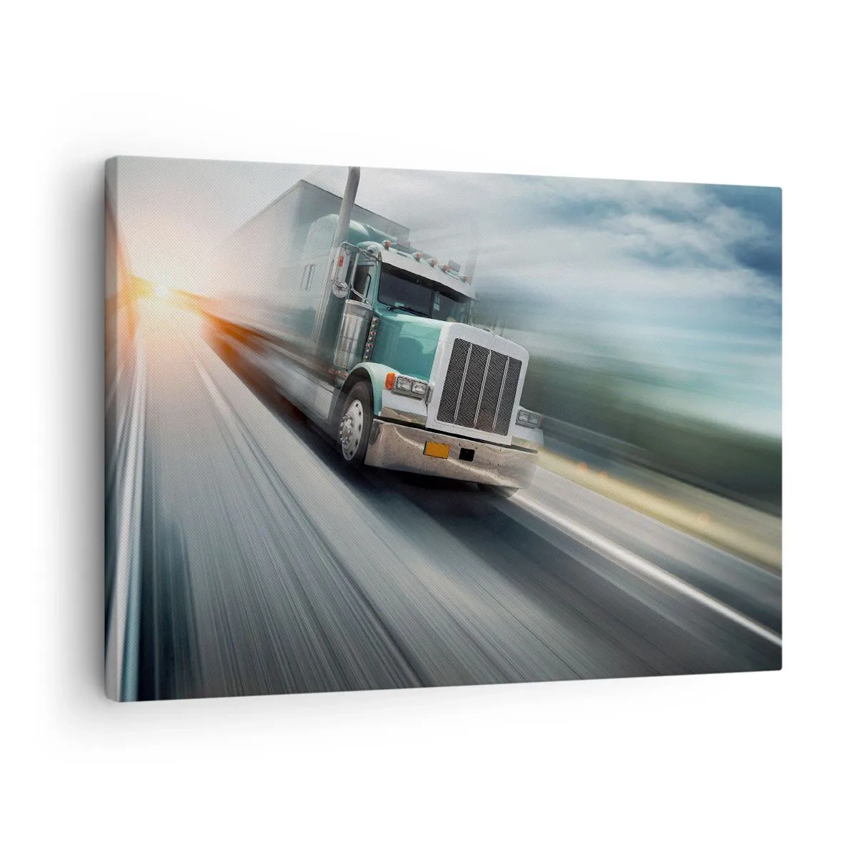 Schilderen op canvas - Een vrachtwagen op de snelweg in beweging bij zonsondergang - 70x50cm - De Amerikaanse reus in haast - Moderne wanddecoratie voor woonkamer en slaapkamer ARTTOR