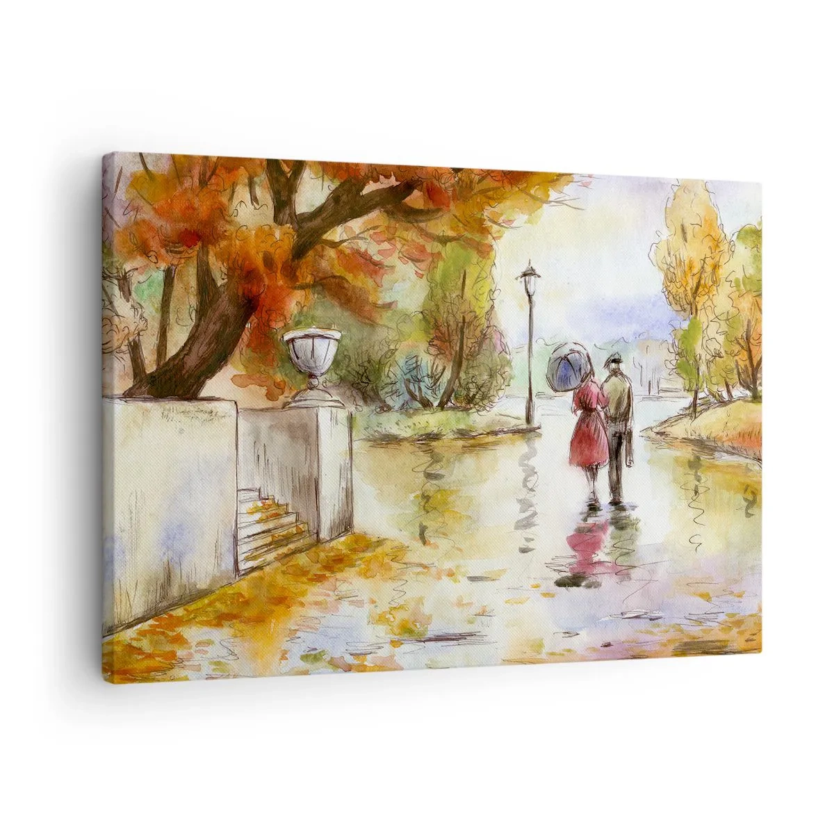Schilderen op canvas - Een wandeling in het herfstpark met een paraplu - 70x50cm - Romantische herfst in het park - Moderne wanddecoratie voor woonkamer en slaapkamer ARTTOR