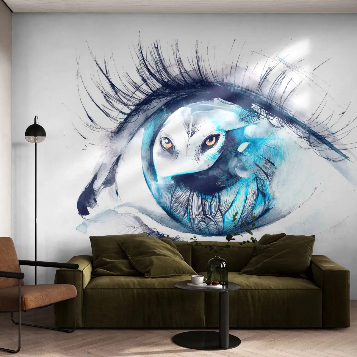 Fotobehang Premium Canvas - Oog in oog met wildheid - Abstractie, Oog, Uil - 350x256 cm