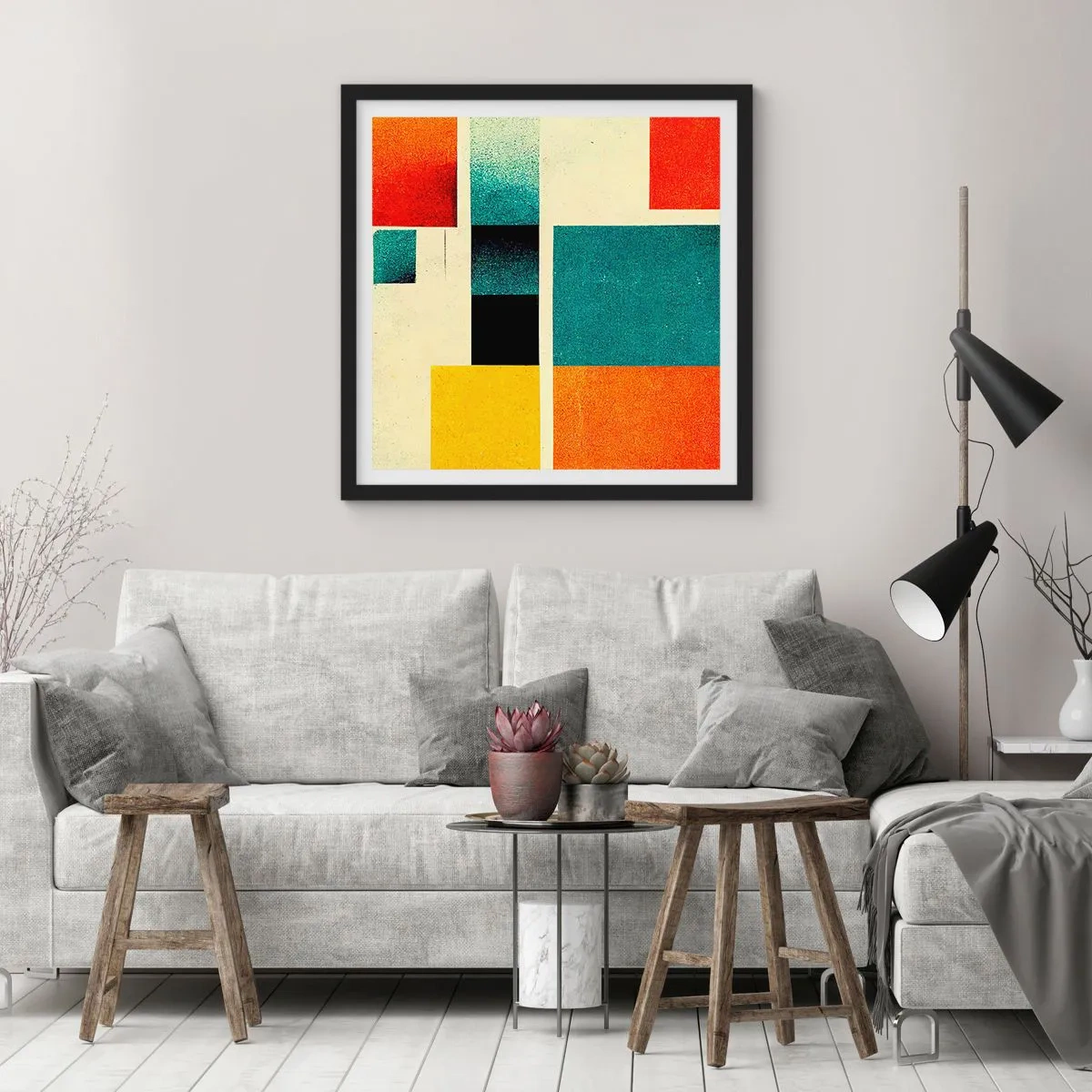 Poster in een zwarte lijst - Geometrische abstractie – goede energie - 30x30 cm