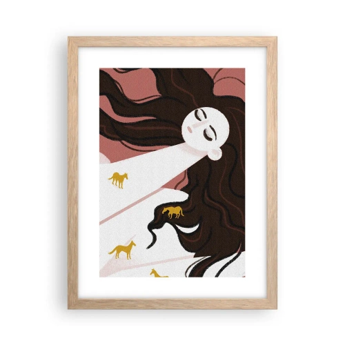Een poster in een licht eiken lijst - Droom over een gouden paard - 30x40 cm