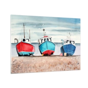 Schilderen op glas - Drie kleurrijke vissersboten aan de kust - 70x50cm - Klaar om te vissen - Moderne wanddecoratie voor woonkamer en slaapkamer ARTTOR