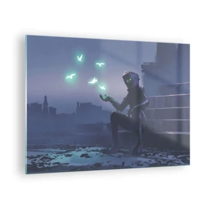 Schilderen op glas - Een figuur in het donker, omringd door zwevende groene vogels - 70x50cm - Het leven komt terug - Moderne wanddecoratie voor woonkamer en slaapkamer ARTTOR