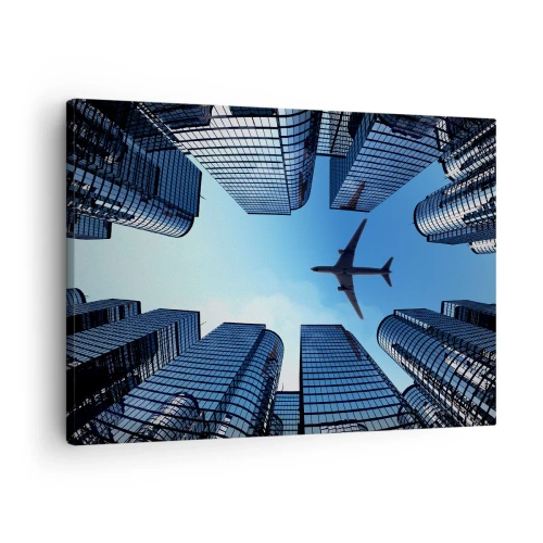Schilderen op canvas - Een vliegtuig vliegt over moderne wolkenkrabbers in het stadscentrum. - 70x50cm - Het uitzicht vanuit het glazen ravijn - Moderne wanddecoratie voor woonkamer en slaapkamer ARTTOR