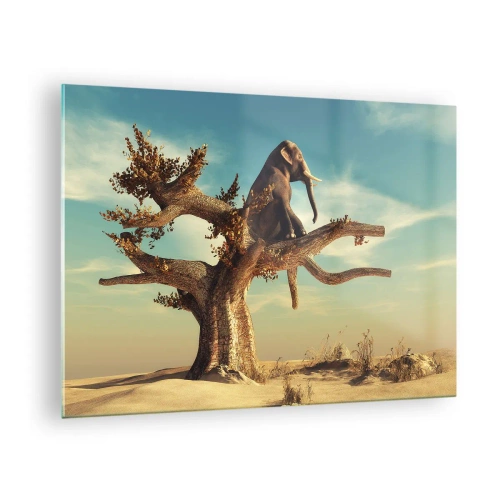 Schilderen op glas - Een olifant zittend op een boom tegen een woestijnachtergrond - 70x50cm - Een nieuw gezichtspunt - Moderne wanddecoratie voor woonkamer en slaapkamer ARTTOR