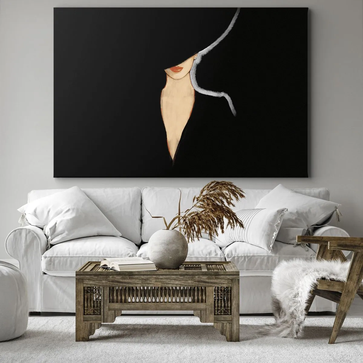 Schilderen op canvas - Silhouet van een vrouw met een hoed op een zwarte achtergrond - 70x50cm - Elegantie en stijl - Moderne wanddecoratie voor woonkamer en slaapkamer ARTTOR