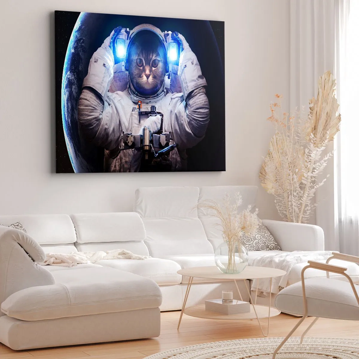 Schilderen op canvas - Een kat in een astronautenpak met de aarde op de achtergrond en een fel licht. - 70x50cm - Houston, je hebt een probleem - Moderne wanddecoratie voor woonkamer en slaapkamer ARTTOR