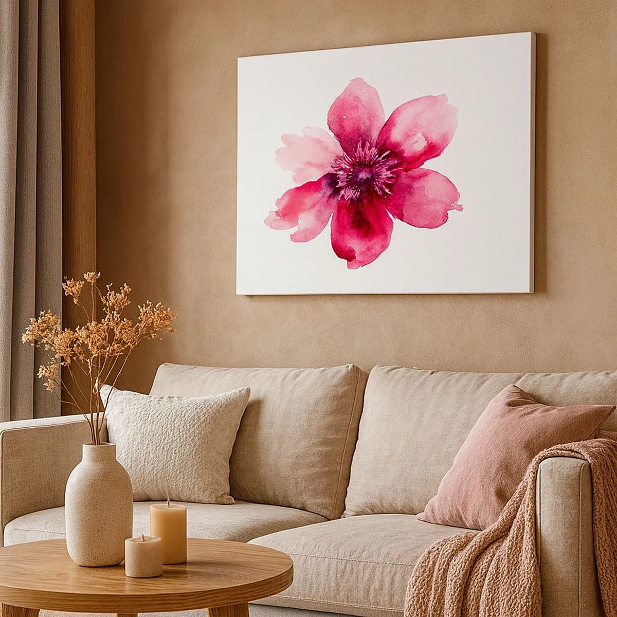 Schilderen op canvas - Roze bloem in aquarelstijl op witte achtergrond - 70x50cm - Een karmijnrode geurende kus - Moderne wanddecoratie voor woonkamer en slaapkamer ARTTOR