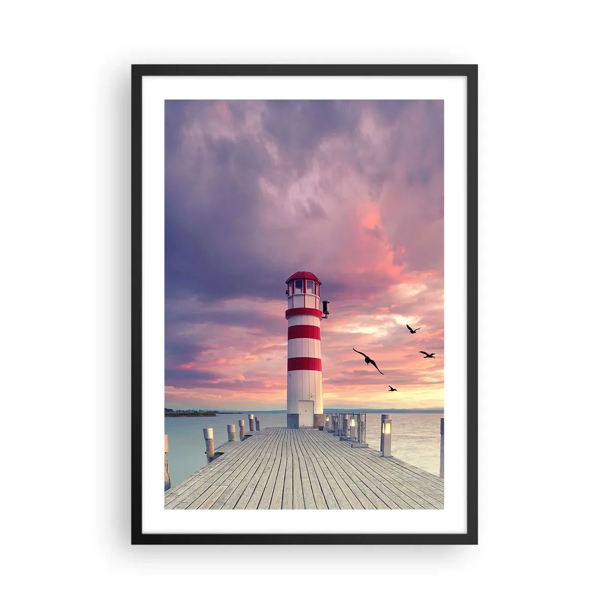 Poster in een zwarte lijst - Vuurtoren tegen de achtergrond van de zonsondergang - 50x70cm - Het is tijd naar de haven te gaan - Moderne wanddecoratie voor woonkamer en slaapkamer ARTTOR