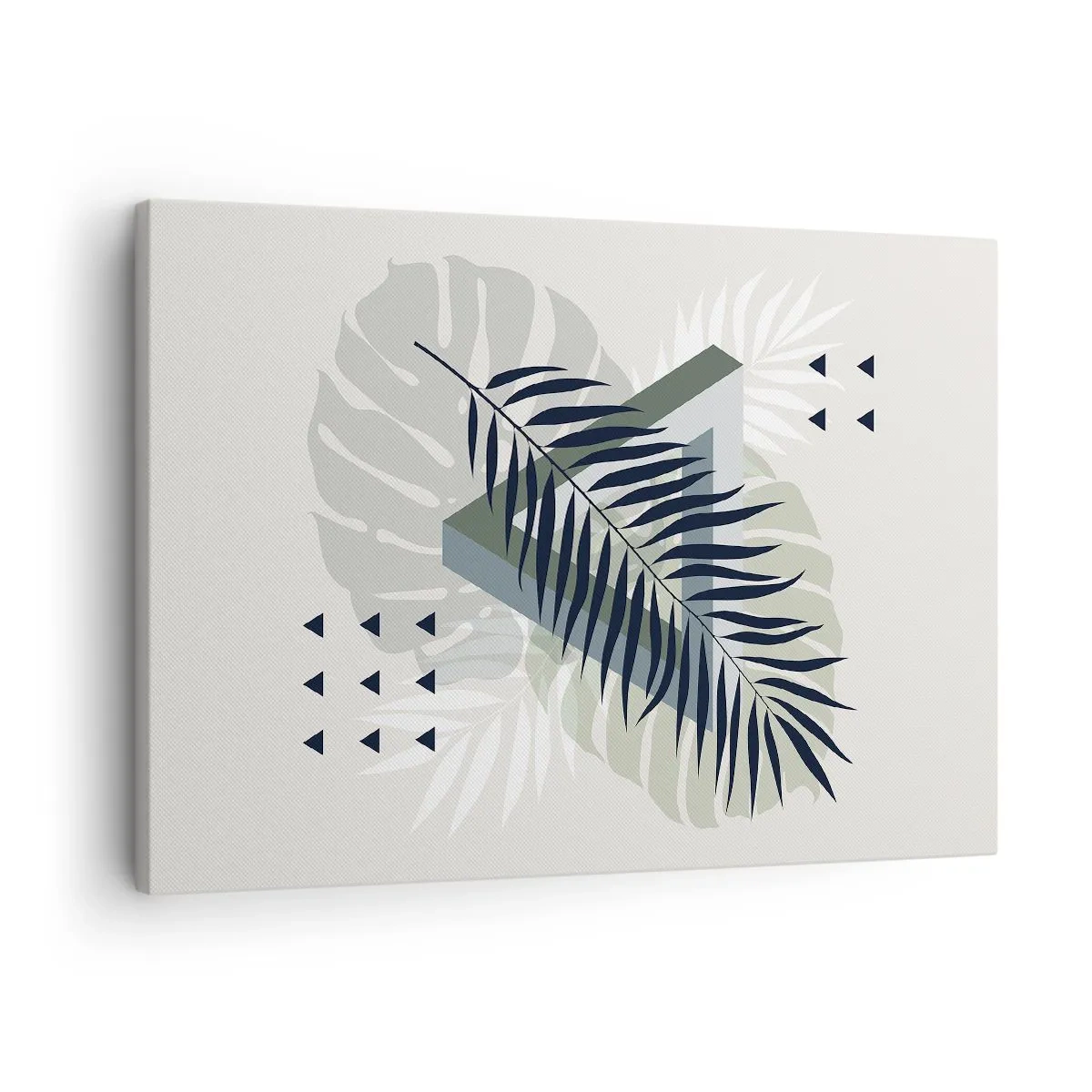 Schilderen op canvas - Geometrische compositie met tropische bladeren in tinten groen - 70x50cm - Natuur en geometrie - twee orden? - Moderne wanddecoratie voor woonkamer en slaapkamer ARTTOR