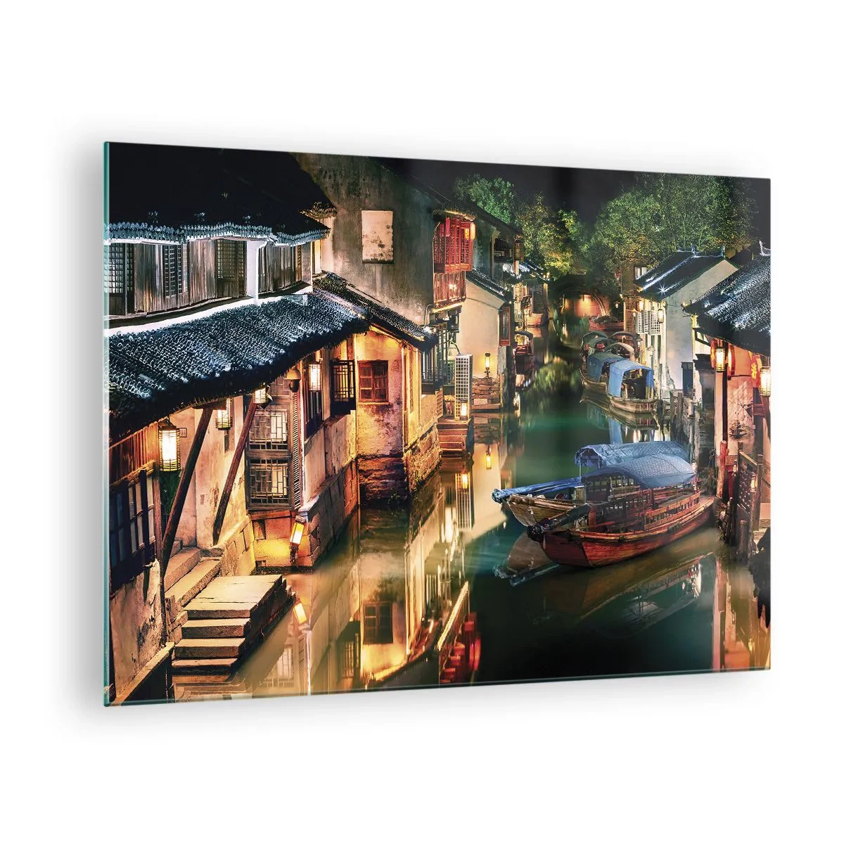 Schilderen op glas - Chinese straat 's nachts met boten en lichtjes langs het kanaal - 70x50cm - Een avond op een Chinese straat - Moderne wanddecoratie voor woonkamer en slaapkamer ARTTOR