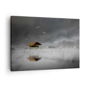 Schilderen op canvas - Een eenzaam huisje aan het water, omringd door mist en vogels - 70x50cm - Beschutting tegen regen - Moderne wanddecoratie voor woonkamer en slaapkamer ARTTOR