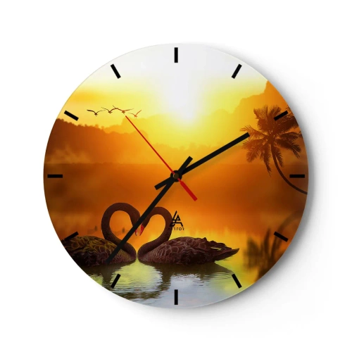 Wandklok - Klok - Twee zwarte zwanen op een meer bij zonsondergang - 30x30cm - Alles gaat samen - Moderne wanddecoratie voor woonkamer, keuken en slaapkamer ARTTOR