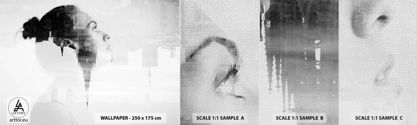Fotobehang Monster Premium Canvas - Aan beide zijden van het glas - Abstractie, Het gezicht van de vrouw, Architectuur - 100x30 cm