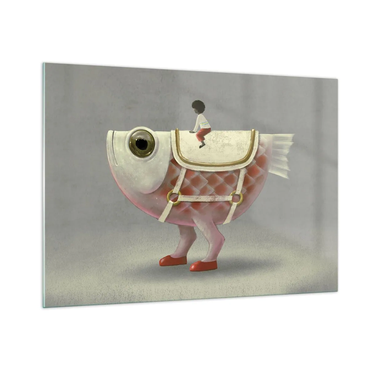 Schilderen op glas - Ruiter op een surrealistische vis - 100x70 cm