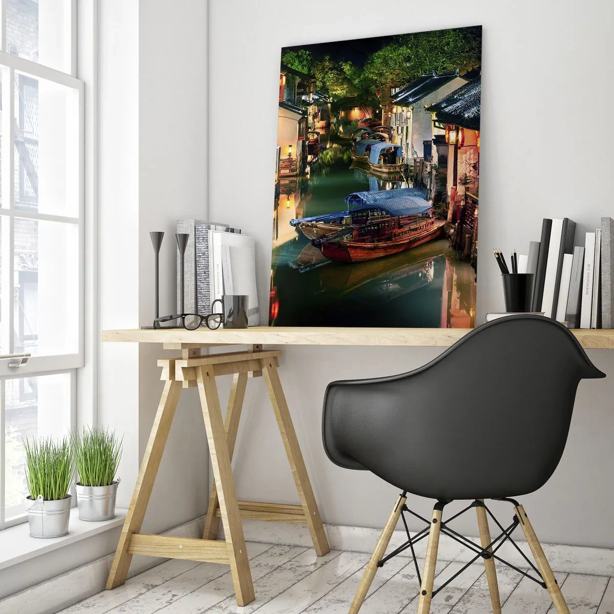 Schilderen op glas - Een avond op een Chinese straat - 50x70 cm