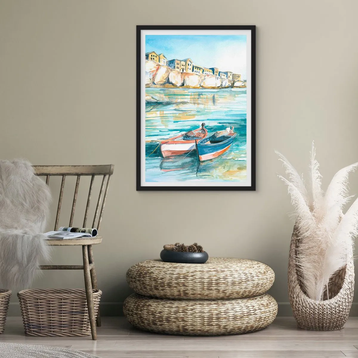 Poster in een zwarte lijst - Aquarellandschap met boten op het water en een kustplaatsje - 50x70cm - Azuurblauw landschap - Moderne wanddecoratie voor woonkamer en slaapkamer ARTTOR