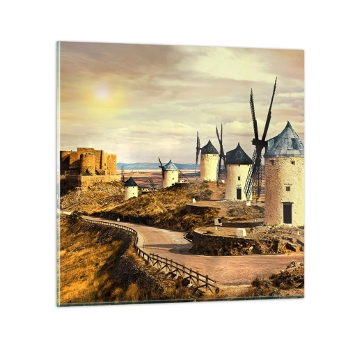 Schilderen op glas - Don Kichot zal snel hier zijn. - 50x50 cm