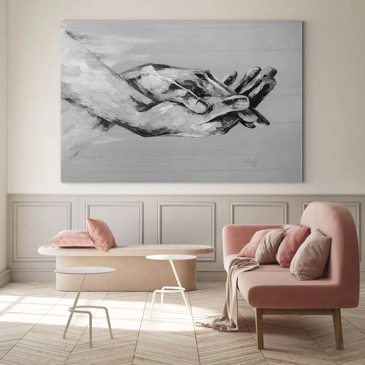 Schilderen op glas - Zwart-wit schilderij van twee handen die naar elkaar reiken - 70x50cm - Begin… - Moderne wanddecoratie voor woonkamer en slaapkamer ARTTOR