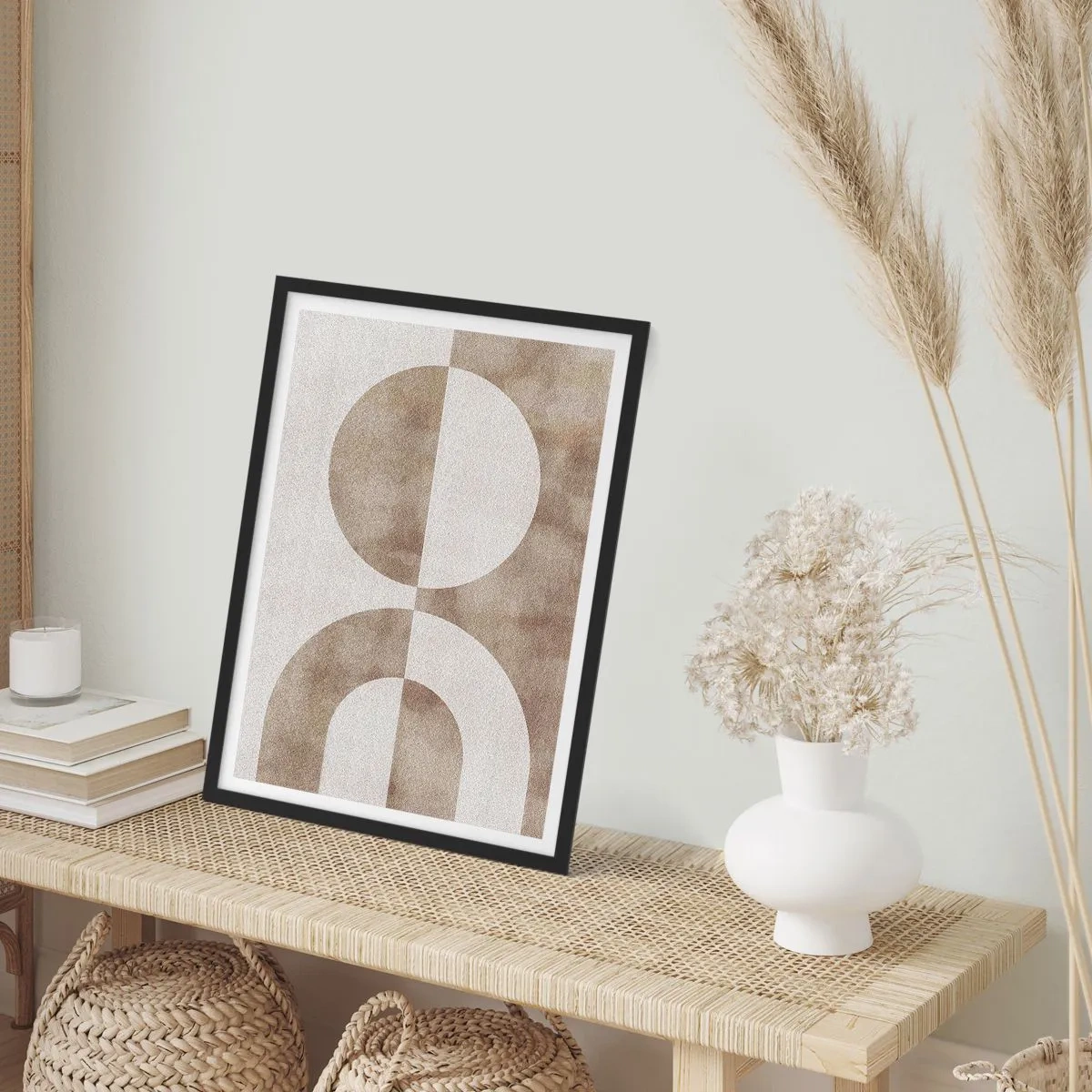 Poster in een zwarte lijst - Geometrische abstractie in warme beige tinten - 50x70cm - Gelijkenissen en verschillen - Moderne wanddecoratie voor woonkamer en slaapkamer ARTTOR