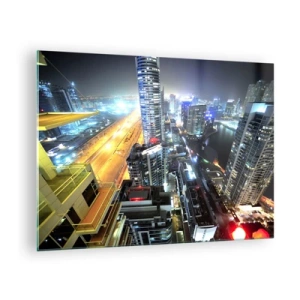 Schilderen op glas - Panorama van de nachtelijke stad met verlichte wolkenkrabbers - 70x50cm - Een wonder in de woestijn - Moderne wanddecoratie voor woonkamer en slaapkamer ARTTOR