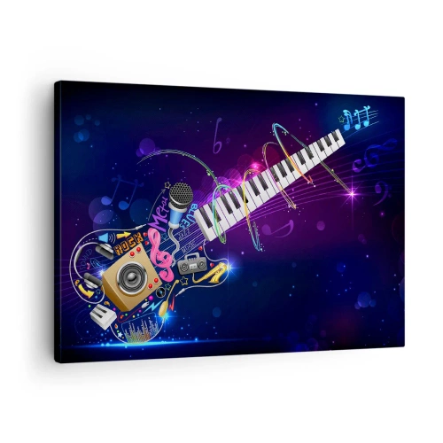Schilderen op canvas - Een kleurrijke gitaar met een keyboard en een microfoon op een donkere achtergrond. - 70x50cm - En alles is prima. - Moderne wanddecoratie voor woonkamer en slaapkamer ARTTOR