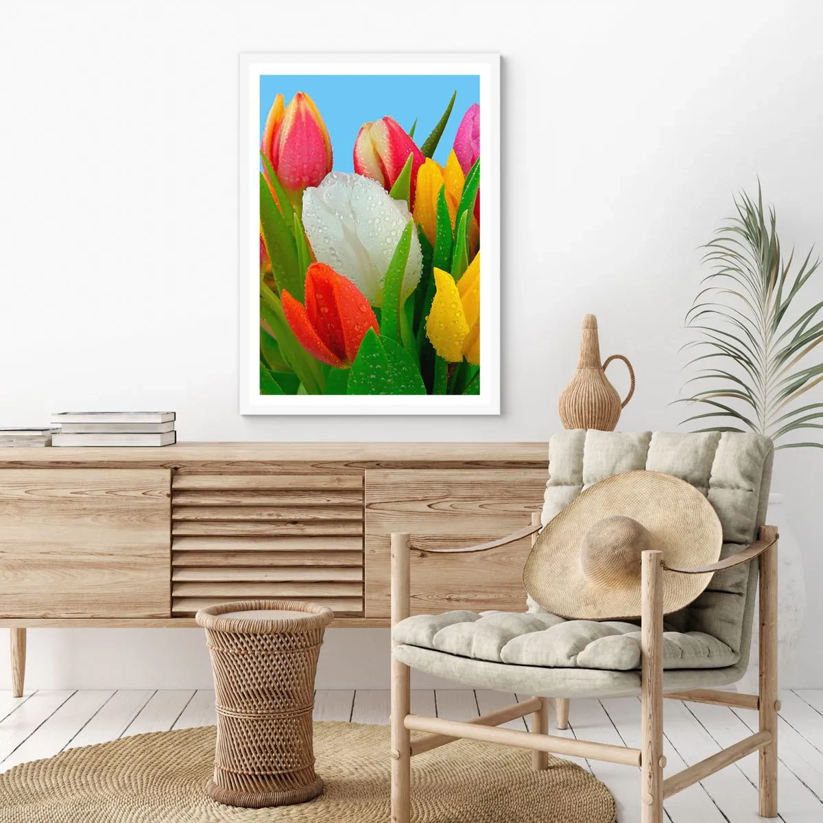 Poster in een witte lijst - Een bloemenregenboog in dauwdruppels - 50x70 cm