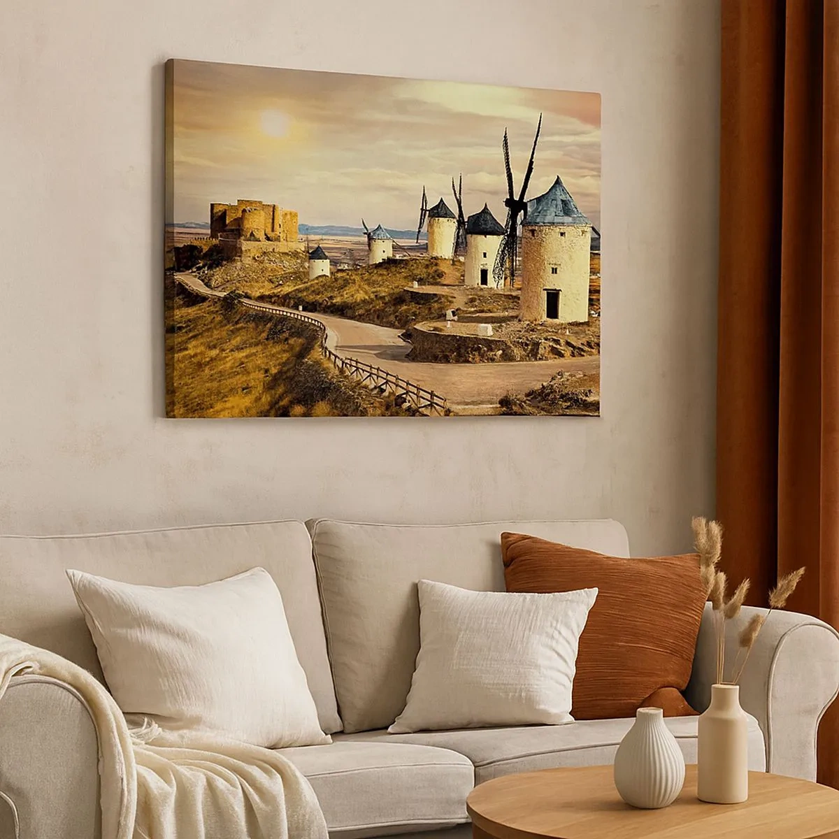 Schilderen op canvas - Windmolens op de heuvels met een historisch kasteel op de achtergrond - 70x50cm - Don Kichot zal snel hier zijn.  - Moderne wanddecoratie voor woonkamer en slaapkamer ARTTOR