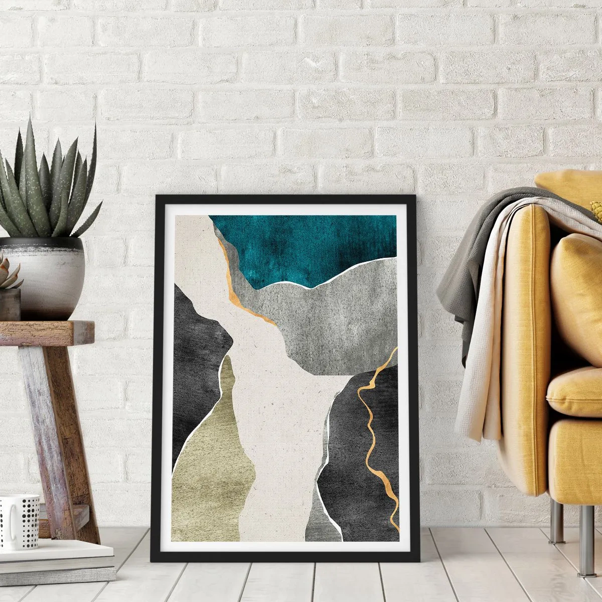 Poster in een zwarte lijst - Abstracte compositie met geometrische vormen - 50x70cm - Mozaïekcompositie met gouddraad - Moderne wanddecoratie voor woonkamer en slaapkamer ARTTOR