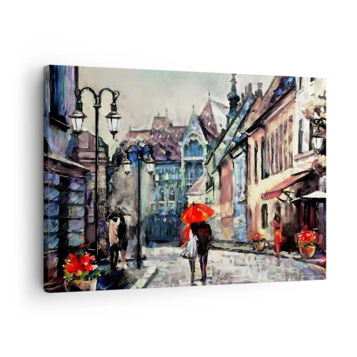 Schilderen op canvas - Een charmante stadsstraat met een stel onder een rode paraplu - 70x50cm - Regen voor twee - Moderne wanddecoratie voor woonkamer en slaapkamer ARTTOR
