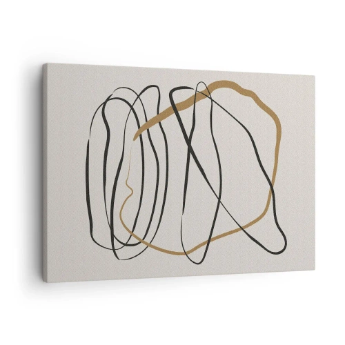 Schilderen op canvas - Artistieke lijnen in zwart en goud op een lichte achtergrond - 70x50cm - Compositie – loopdans - Moderne wanddecoratie voor woonkamer en slaapkamer ARTTOR