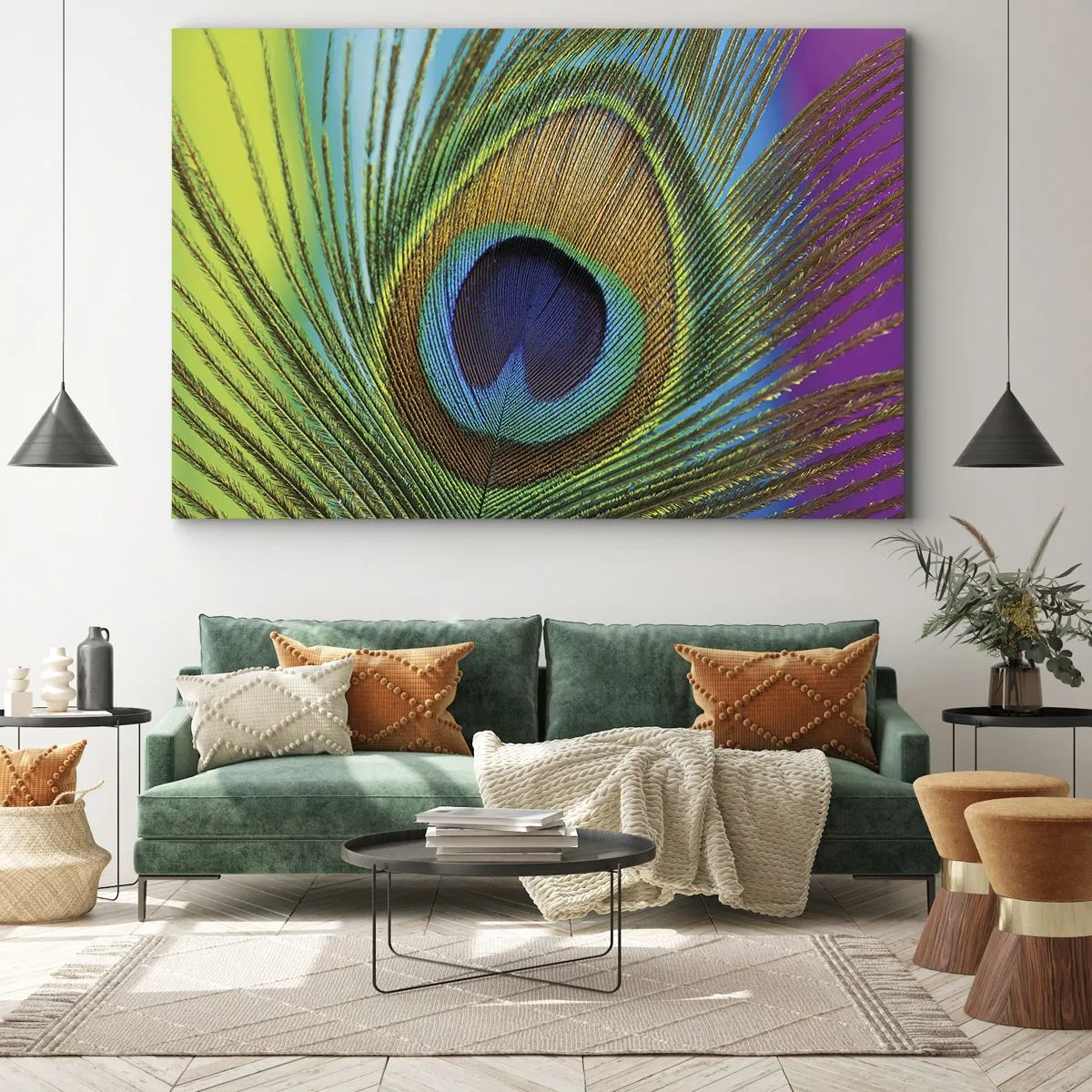 Schilderen op canvas - Close-up van een pauwenveer met levendige kleuren - 70x50cm - Oog in oog - Moderne wanddecoratie voor woonkamer en slaapkamer ARTTOR