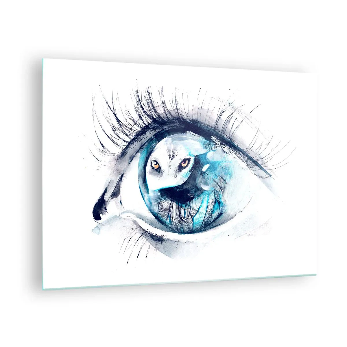 Schilderen op glas - Een vrouwenoog met een uilmotief in aquarelstijl - 70x50cm - Oog in oog met wildheid - Moderne wanddecoratie voor woonkamer en slaapkamer ARTTOR