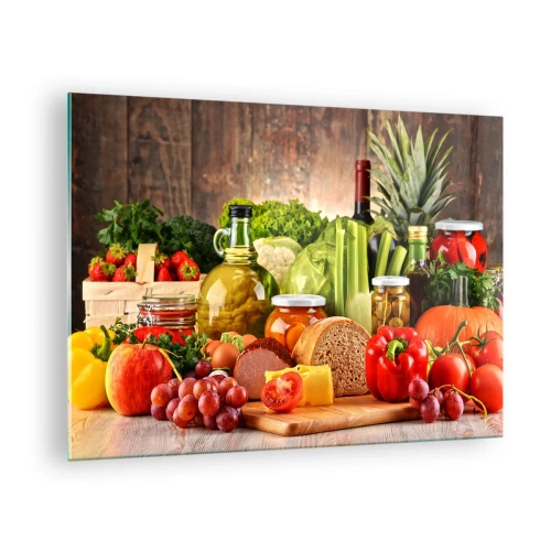 Schilderen op glas - Kleurrijke groenten, fruit, brood en conserven op een houten achtergrond - 70x50cm - Gerookt, gebakken en gemarineerd - Moderne wanddecoratie voor woonkamer en slaapkamer ARTTOR