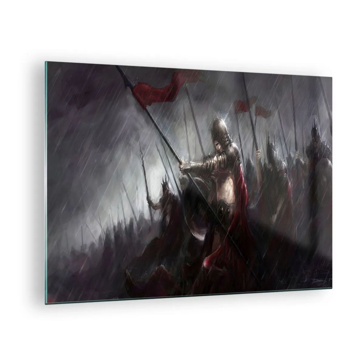 Schilderen op glas - Ridders in de regen op het slagveld in volledige uitrusting - 70x50cm - Voorbijganger, vertel Sparta... - Moderne wanddecoratie voor woonkamer en slaapkamer ARTTOR