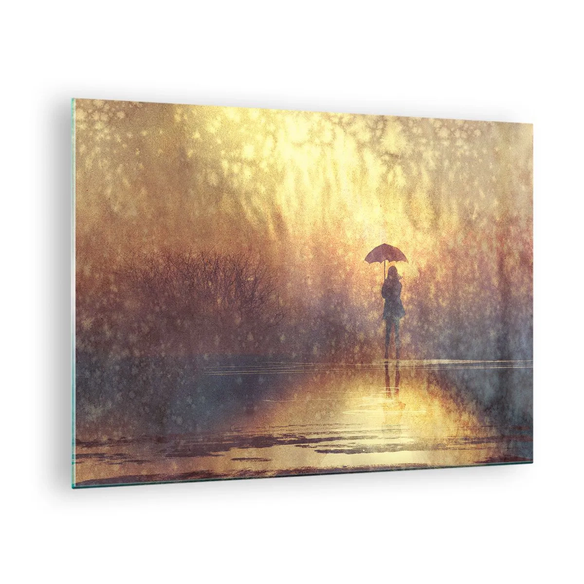 Schilderen op glas - Een figuur met een paraplu in het licht van de ondergaande zon en de regen - 70x50cm - Ik voel dat iemand naar me kijkt - Moderne wanddecoratie voor woonkamer en slaapkamer ARTTOR