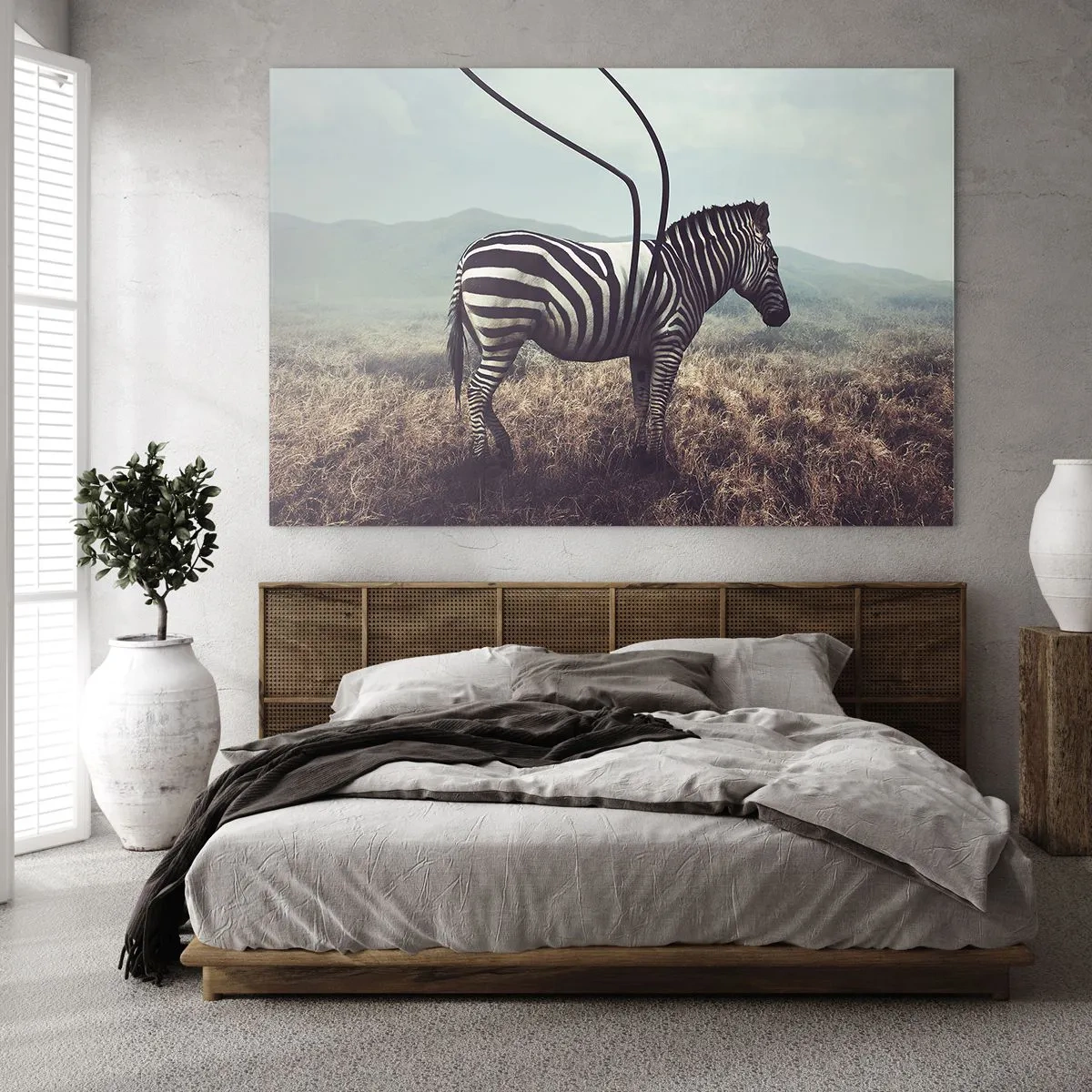 Schilderen op glas - Zebra op grasachtergrond met surrealistisch antennedetail - 70x50cm - Aandacht! Gebrek - Moderne wanddecoratie voor woonkamer en slaapkamer ARTTOR