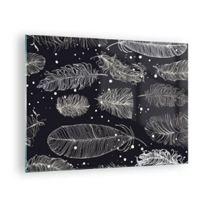 Schilderen op glas - Witte veren op een zwarte achtergrond met subtiele details - 70x50cm - Gevederde kant - Moderne wanddecoratie voor woonkamer en slaapkamer ARTTOR