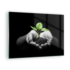 Schilderen op glas - Een jonge plant in de handen tegen een zwarte achtergrond - 70x50cm - Ik hou van de natuur, ik bescherm haar - Moderne wanddecoratie voor woonkamer en slaapkamer ARTTOR