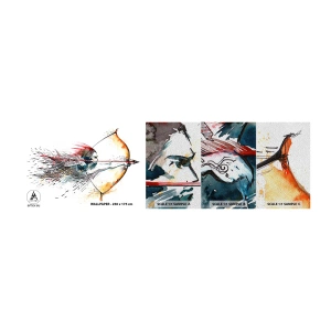 Fotobehang Monster Premium Sand - Mythische krijger met een vurige boog - Abstractie, Schutter, Boogschot - 100x30 cm