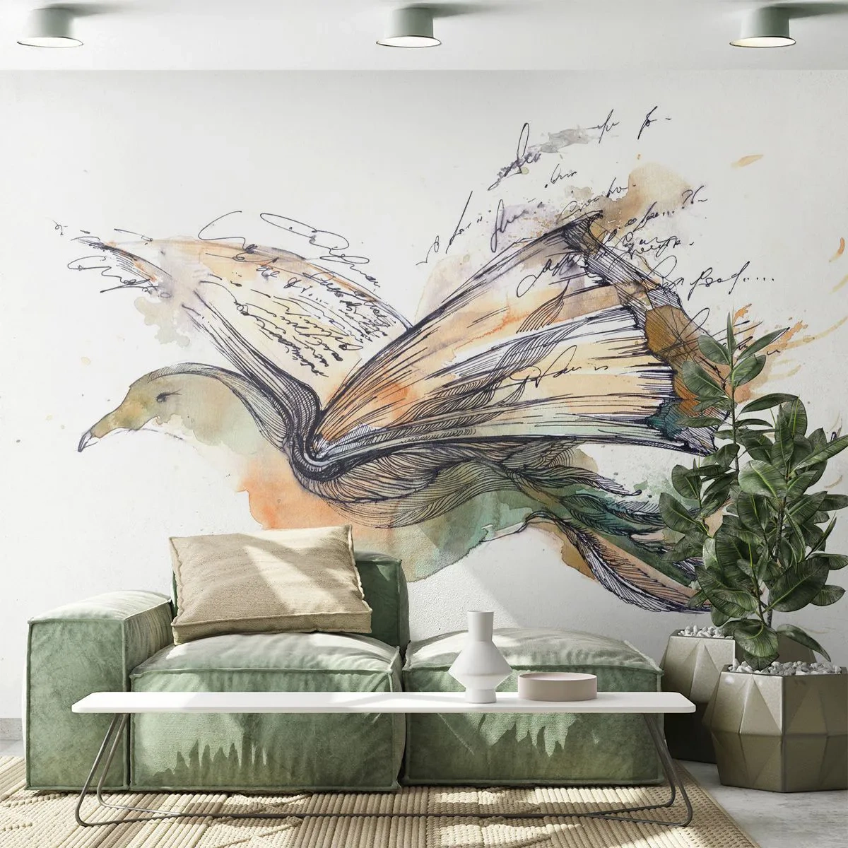 Zelfklevend Fotobehang Deluxe Sticker - Op de vleugels van poëzie - Abstractie, Vogel, Boek - 250x175 cm