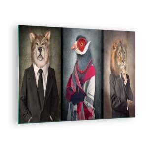 Schilderen op glas - Drie dieren in elegante kleding op een gestileerde achtergrond - 70x50cm - Wat doe ik hier?! - Moderne wanddecoratie voor woonkamer en slaapkamer ARTTOR