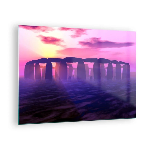 Schilderen op glas - Stonehenge in het licht van een roze zonsondergang - 70x50cm - Mysterie bij zonsopgang in de mist - Moderne wanddecoratie voor woonkamer en slaapkamer ARTTOR