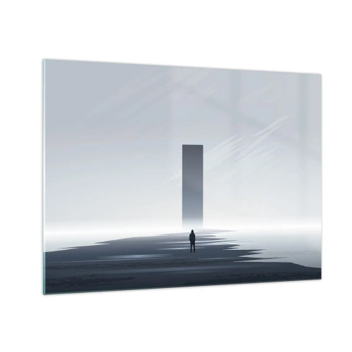 Schilderen op glas - Een minimalistisch landschap met een figuur en een monoliet in de verte. - 70x50cm - Kans of bedreiging? - Moderne wanddecoratie voor woonkamer en slaapkamer ARTTOR
