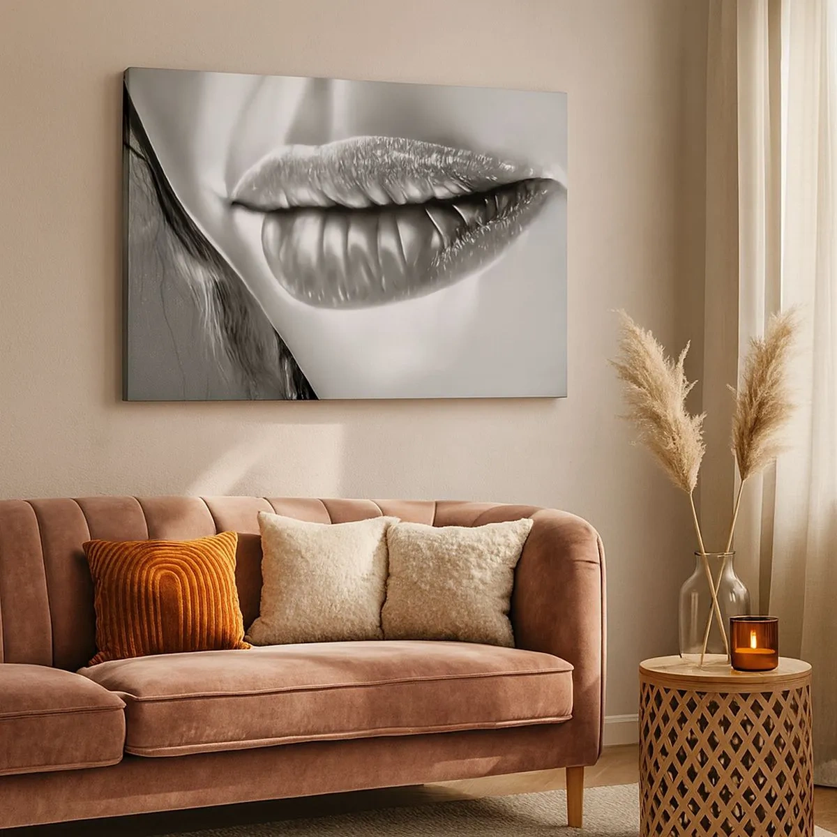 Schilderen op canvas - Zwart-witclose-up van de lippen van een vrouw met een glanzend effect en details. - 70x50cm - Ik weet waar je aan denkt... - Moderne wanddecoratie voor woonkamer en slaapkamer ARTTOR
