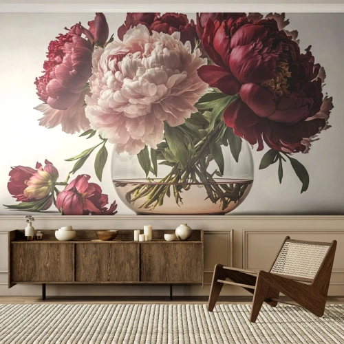 Zelfklevend Fotobehang Deluxe Sticker - In volle bloei van schoonheid - Boeket bloemen, Vaas, Pioenen - 300x210 cm