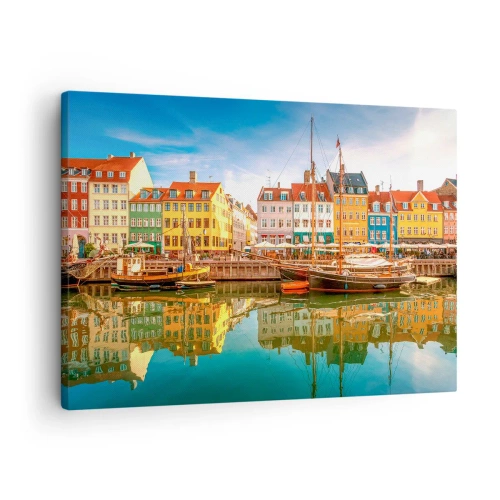 Schilderen op canvas - Kleurrijke grachtenpanden in Kopenhagen - 70x50cm - Over het water zo glad als een spiegel - Moderne wanddecoratie voor woonkamer en slaapkamer ARTTOR