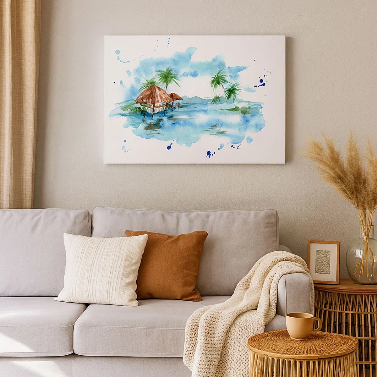 Schilderen op canvas - Aquarelschilderij van een tropisch landschap met huizen en palmbomen - 70x50cm - Ergens in de Stille Oceaan - Moderne wanddecoratie voor woonkamer en slaapkamer ARTTOR