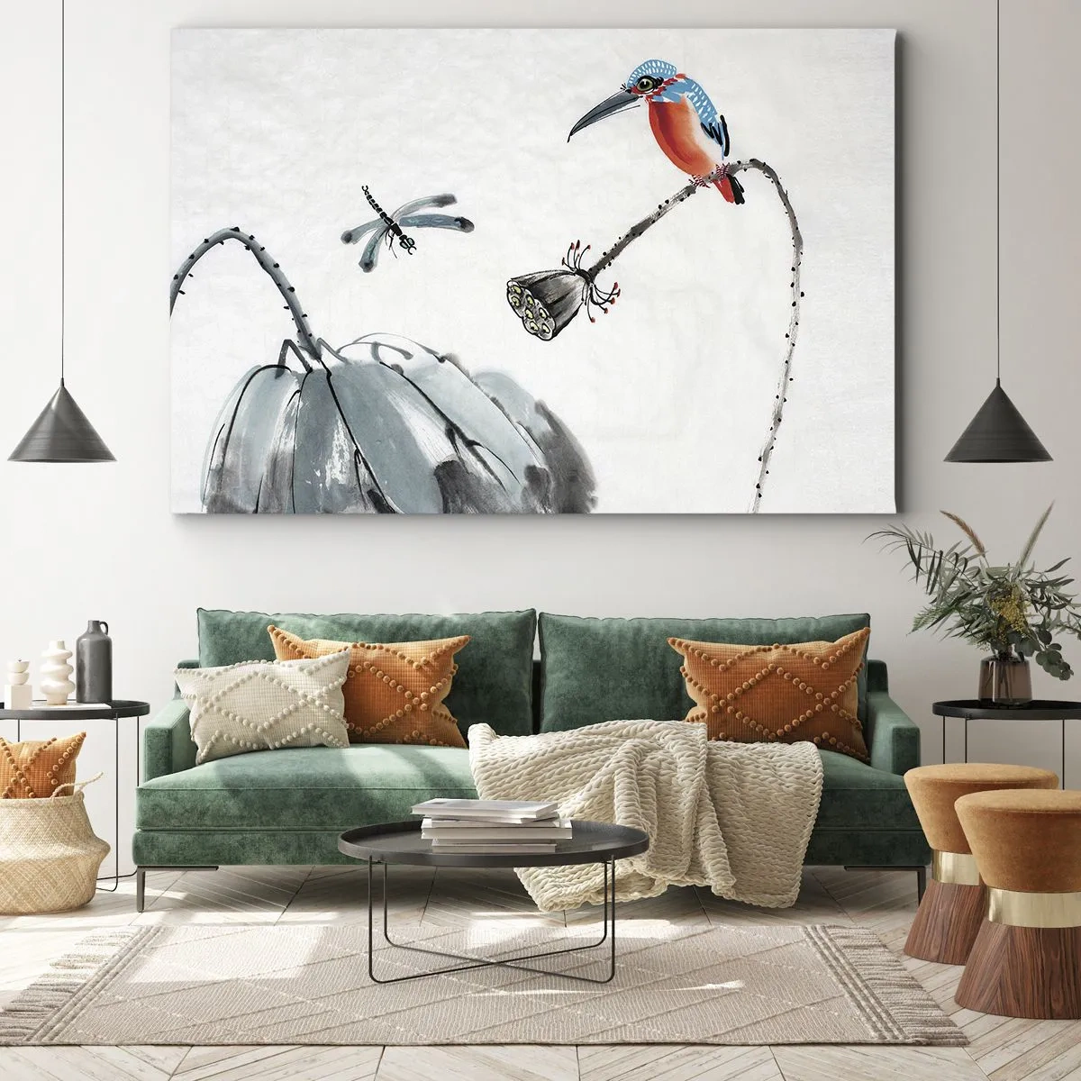 Schilderen op canvas - Een kleurrijke vogel tegen een achtergrond van vegetatie en een libel - 70x50cm - Het leven van de weide - Moderne wanddecoratie voor woonkamer en slaapkamer ARTTOR