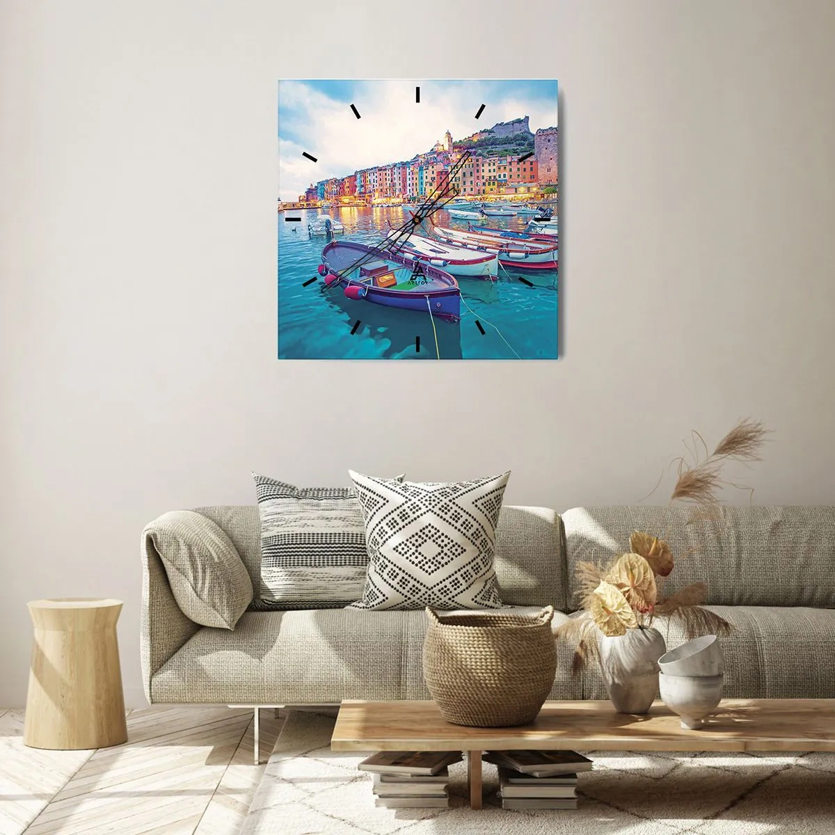 Wandklok - Klok - Kleurrijke avond in de haven - 30x30 cm
